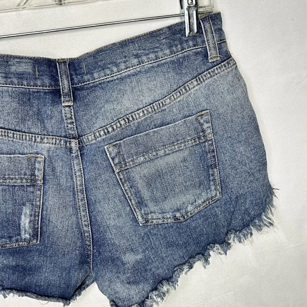 Free People Tulum Medium Wash Cut-Off Denim Jean Festival Embroidered Shorts 28